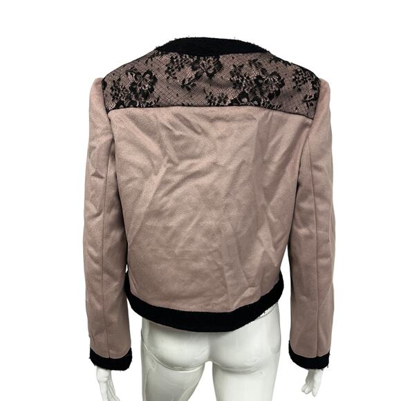 VALENTINO Pink 100% Wool Black Floral Lace Long Sleeve Crew Neck Jacket Size 12 - Picture 2 of 4